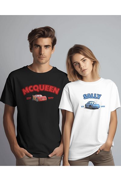 AEMİ Γυναικεία Ανδρικά Unisex Lightning Mcqueen- Sally Cars Lover Couple Combination Oversize Tshirt Σετ 2 τεμαχίων