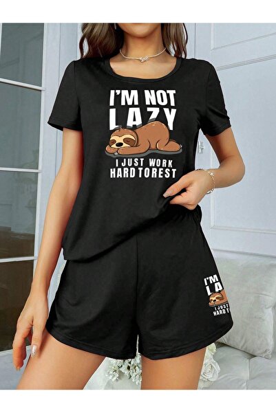 over head oh Γυναικείο μαύρο I Am Not Lazy εμπριμέ σορτς μπλουζάκι βαμβακερό ...