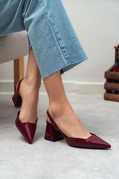 NİŞANTAŞI SHOES Sammy Claret Red Patent Leather Pointed Toe Thick Heeled Shoes