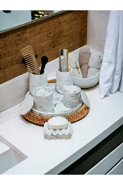 NIDAGE Σετ μπάνιου από μπετόν με μαρμάρινο δίσκο - Γκρι 7 τεμάχια