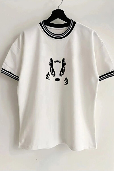 Vordevia تي شيرت أبيض مضلع كبير الحجم للجنسين مطبوع عليه طوق وأكمام للموسم ال...