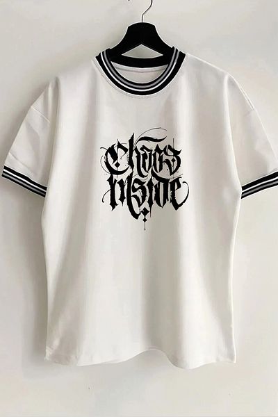 Vordevia Chaos Inside Printed New Season Λευκό Oversize Unisex Tshirt με λεπτομέρεια γιακά και μανίκια