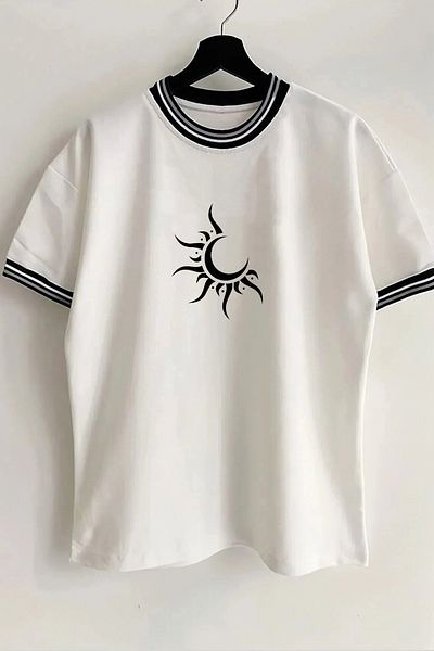 Vordevia Tricou unisex supradimensionat alb cu nervuri cu guler și mâneci de sezon nou imprimat cu lună și soare
