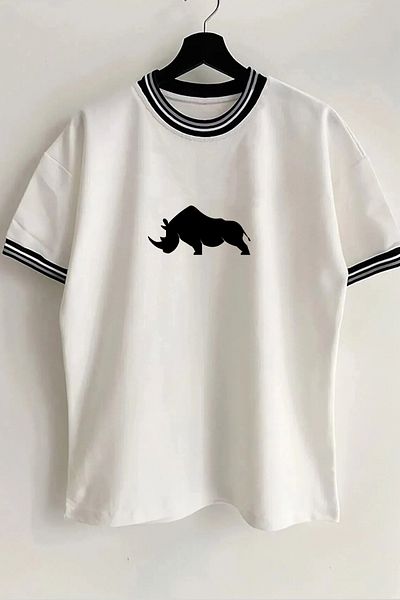 Vordevia Λευκό μπλουζάκι Unisex Oversize με λεπτομέρεια με γιακά και μανίκια με στάμπα Rhinoceros