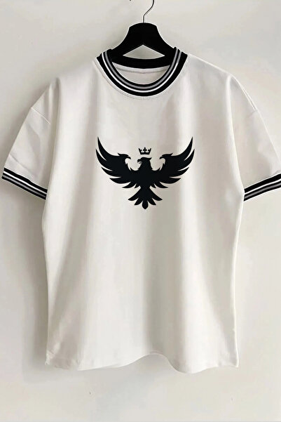 Vordevia Tricou unisex supradimensionat alb cu nervuri, cu imprimeu vultur, c...