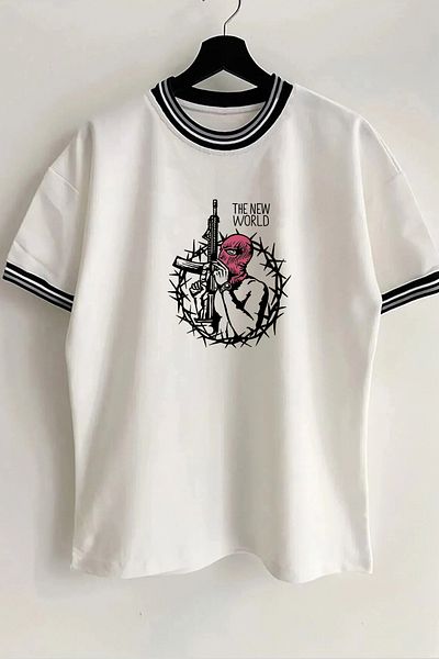 Vordevia The New World Text Printed New Season Λευκό μπλουζάκι Unisex Oversize με λεπτομέρεια γιακά και μανίκια