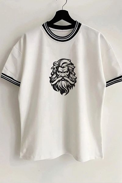 Vordevia Tricou unisex supradimensionat alb cu nervuri cu imprimeu Zeus, cu guler și mâneci de sezon nou