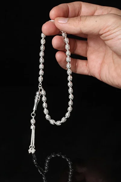 BY BARUN SİLVER Men's 925 Sterling White Oval Ankle-Length Silver Silver Rosary