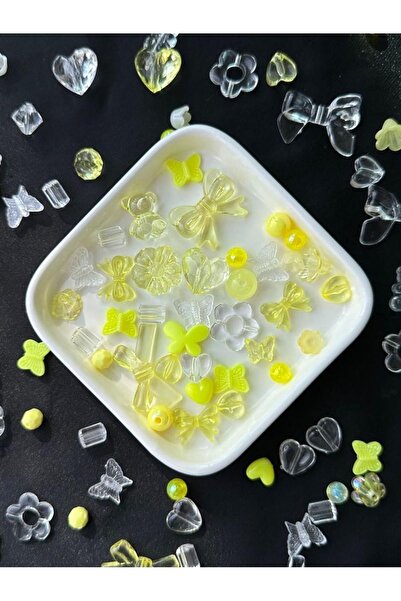 Bijumix Aksesuar 40 Adet Karışık Figürlü Plastik Boncuk Sarı Şeffaf Takı Yapı...