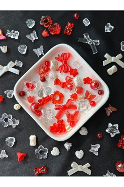 Bijumix Aksesuar 40 Adet Karışık Figürlü Plastik Boncuk Kırmızı Beyaz Şeffaf ...