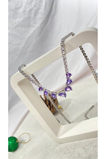 Alsem Gümüş 7 Kalpli Zirkon Kaplama Gerdanlık Kolye , Gümüş Su Yolu Kalpli Zincir Kolye