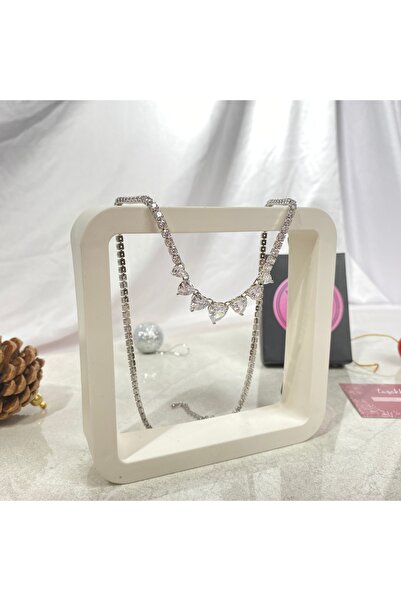 Alsem Silver 7-Heart Zircon Plated Choker Necklace, Silver Waterway Heart Cha...