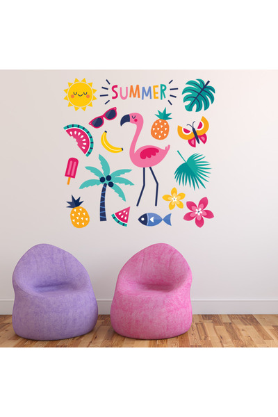 Modatools Yaz Flamingo Palmiye Ağacı Ananas Dekoratif Duvar Çıkartma Seti Yat...