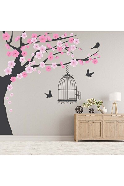 Modatools Pembe Çiçek Ağacı Kuş Kafesi Dekoratif Duvar Sticker Çıkartma Ofis ...