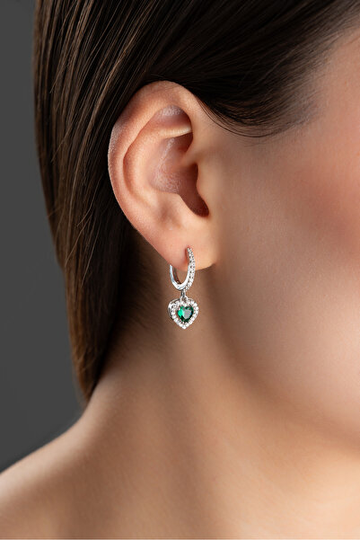 ESSARE 925 Ayar Gümüş Rodyum Kaplama Kalp Model 15 MmYeşil Taşlı Küpe