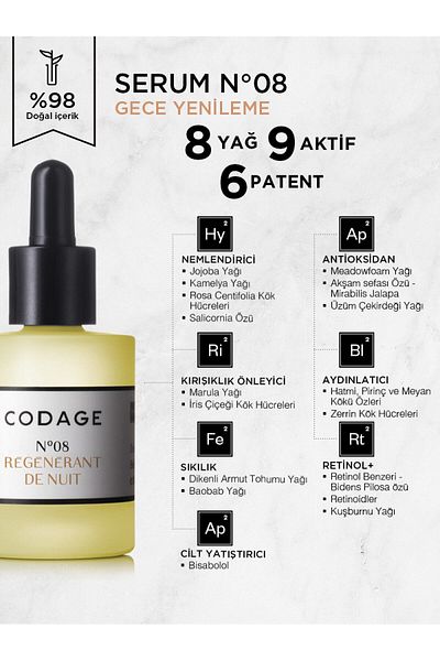 Codage MOISTURIZING, SKIN BARRIER REPAIRING NIGHT RENEWAL N°08 SERUM 30 ML PSSN1529