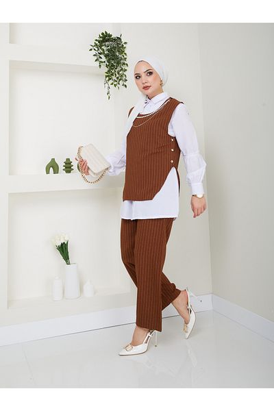 VOLT CLOTHİNG DAMEN-SET MIT HALSKETTENDETAIL, HEMDKRAGEN, GESTREIFT, DREIFACHE WESTE