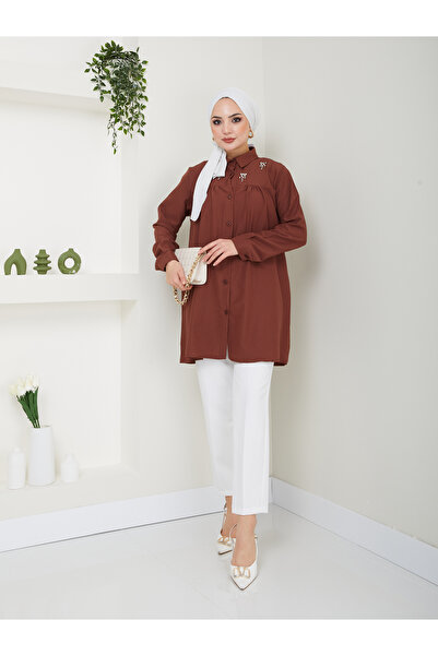 VOLT CLOTHİNG Dámská hidžábová tunika s límcem a drahokamy