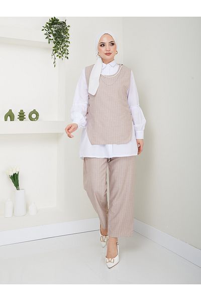 VOLT CLOTHİNG WOMEN'S NECKLACE DETAIL SHIRT COLLAR STRIPED TRIPLE VEST SET