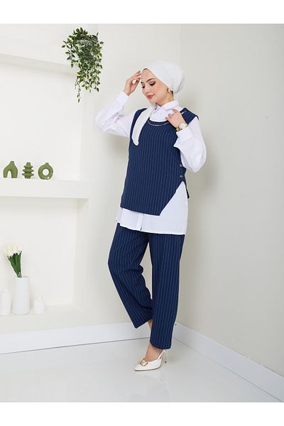 VOLT CLOTHİNG DAMEN-SET MIT HALSKETTENDETAIL, HEMDKRAGEN, GESTREIFT, DREIFACHE WESTE
