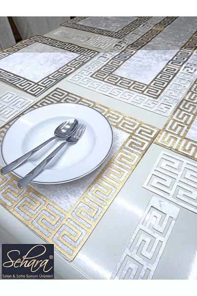 SEHARA Velvet/8 Person Tableware Presentation Set/cream(EKRU)gold/1 Runner,8 Servings,8 Coasters,8 Spoons