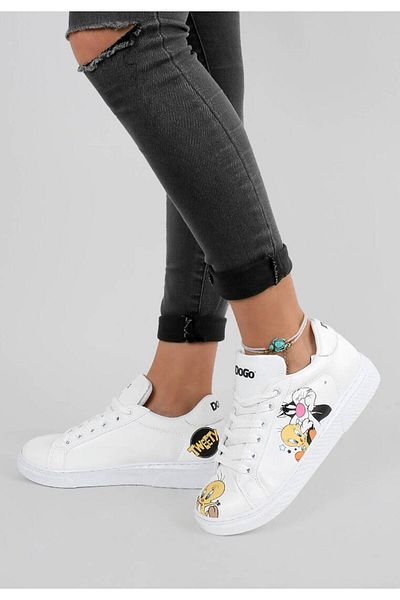 Dogo Adidași albi din piele vegană de damă - Cel mai bun design Tweety și Sylvester