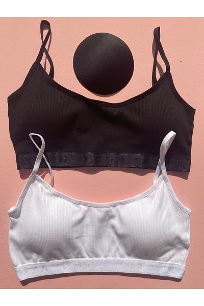 LEYNA BUTİK 2-Piece Black and White Corded Cotton Half Tank with Pads (M=70-75,L=80-85,XL=90-95,2XL=100-105)