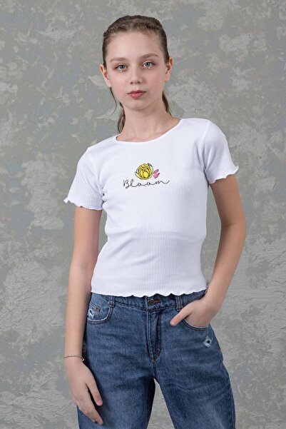 TİJK Ribbed Girl's T-shirt with Rose Detail on the Front