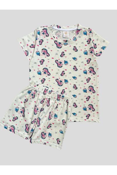 elmas kids Girl's 100% Cotton Sea Horse Patterned Short Sleeve Shorts Summer Pajamas Set