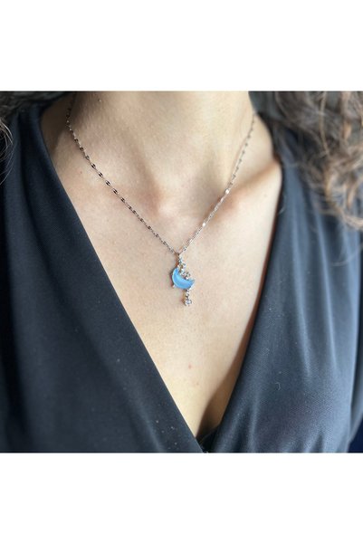 NV Jewellery Mavi Ay ve Hilal Sedef ve Zirkon Taş 316 L Çelik Kolye Silver