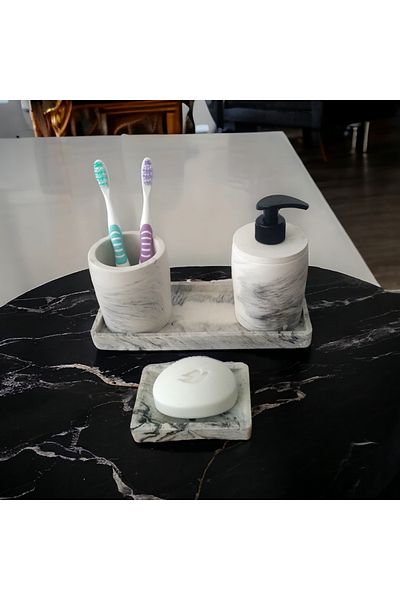 Trust Stone Σετ μπάνιου Marble 4 τεμαχίων, Σετ αξεσουάρ από σκυρόδεμα με θήκη οδοντόβουρτσας διανομέα υγρού σαπουνιού