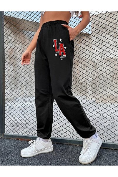 HIRSCH بنطال رياضي نسائي صيفي أسود فضفاض بطبعة لوس أنجلوس