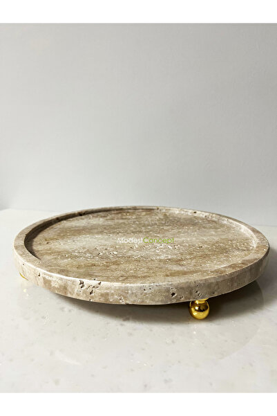 Modestmar Doğal Traverten Yuvarlak Tepsi, Mermer Düzenleyici 28cm VC Godl Top Ayaklı