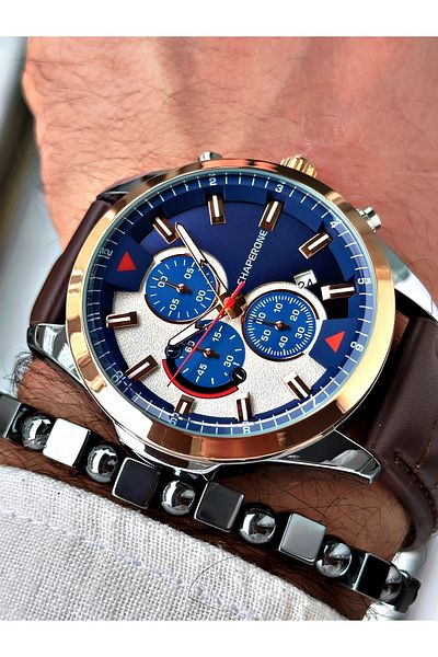 Chaperone Men's Sports Wristwatch - Brown Leather, Cord Function, Bracelet Gift By Reward