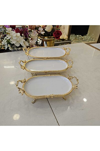 MaviDamla 3 PARCA DÖKÜM AYAKLI OVAL PORSELEN SUNUM SETİ DÖKÜM KENAR MOTİFLİ GOLD