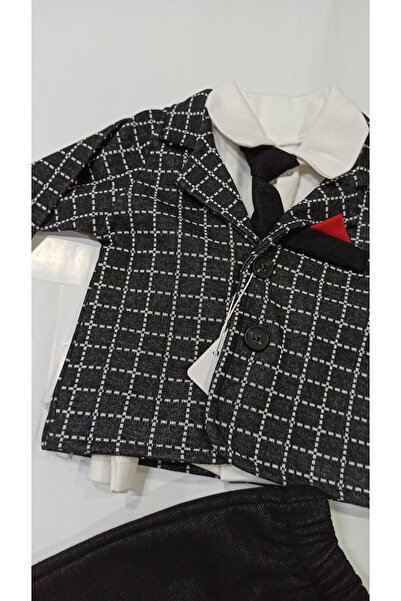 Efbey kids Erkek bebek takım elbisesi kareli desen pamuklu kıravatlı