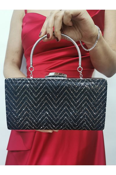 NAZART Γυναικείο πέτρινο μαύρο βραδινό φόρεμα Clutch Portfolio Chain Strap Hand Wedding Engagement Night Shoulder Bag
