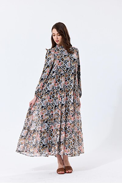 Thesetthur Leopar Desenli Kuşak Detaylı Astarlı Şifon Donna Elbise Kahve