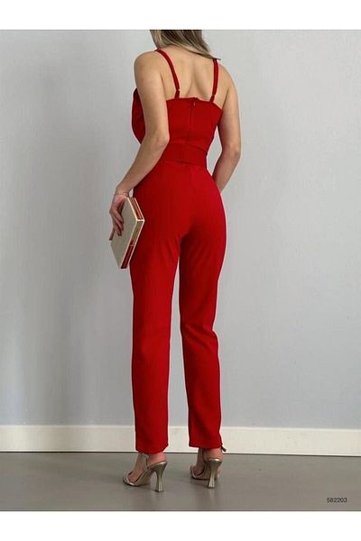 modakyra Women's Double Breasted Collar Belt Included Back Zipper Crepe Fabric Sling Summer Jumpsuit (Color)