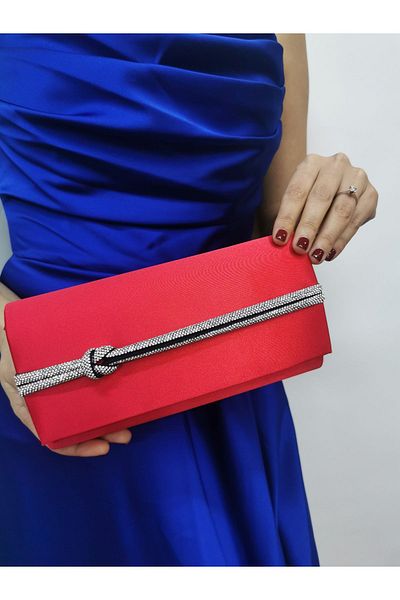 NAZART Γυναικείο βραδινό φόρεμα με πέτρα κόκκινο Clutch Portfolio Chain Strap Hand Wedding Engagement Night Shoulder Bag