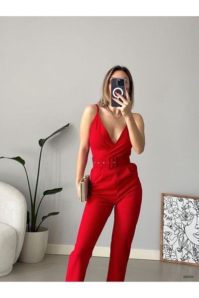 modakyra Women's Double Breasted Collar Belt Included Back Zipper Crepe Fabric Sling Summer Jumpsuit (Color)