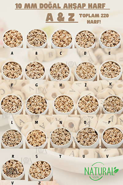 LANDOFACCESSORY AHŞAP HARF - 10mm DOĞAL HARF BONCUK - VERNİKSİZ - KÜP BONCUK ...