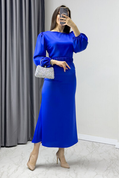 zks grup tekstil Kemerli Balon Kol Midi Saten Büyük Beden Abiye Elbise Saks,B...