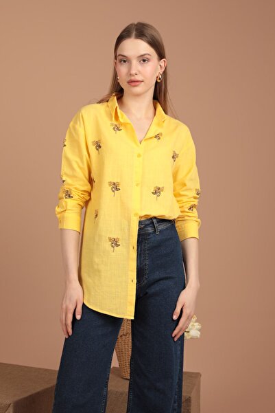 Ottawe Kadın Keten Kumaş Uzun Kollu Boncuk İşlemeli Nakışlı Salaş Gömlek Base...