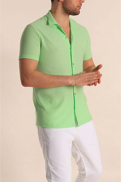 vuvutasarım New Season Pistachio Green Slim Fit Honeycomb Textured Short Sleeve Men's Shirt
