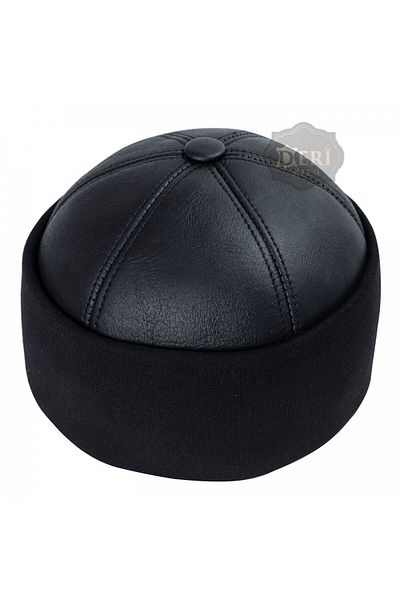 hoaryage Men's Black Rib Model Genuine Leather Beret Hat