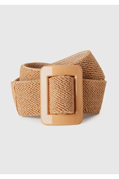 United Colors of Benetton Women's Mink Same Color Logo Embroidered Resin Buckle Raffia Belt