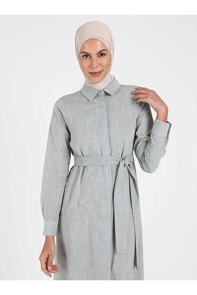 Tavin Hidden Buttoned Hijab Dress - Gray - Tavin