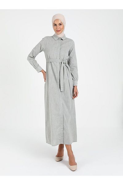 Tavin Hidden Buttoned Hijab Dress - Gray - Tavin