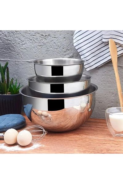 Veliday 3-PIECE MIXING BOWL - STAINLESS STEEL MULTI-PURPOSE BOWL - STAINLESS STEEL STORAGE BOWL